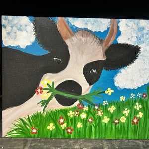 Cow Canvas original acrylic, painting. A cow on a cloudy spring day.
